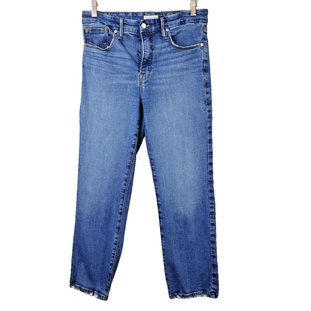 Good American Womens 10 / 30 Jeans Dark Wash High Rise Stretch Distressed Hems